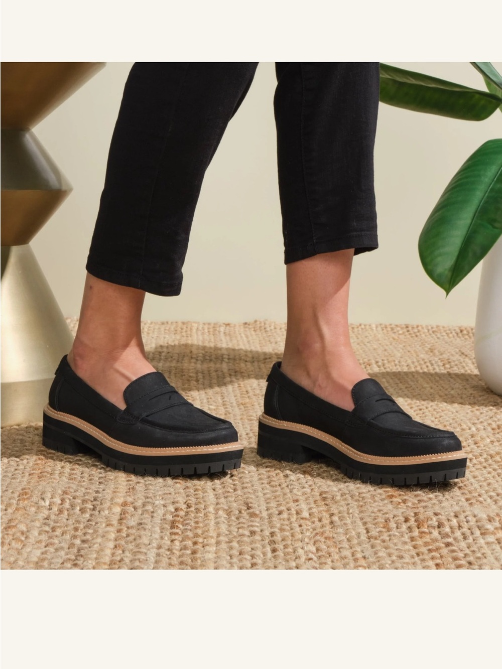 Toms Cara Black Lug Sole Penny Loafers with Tan Welt